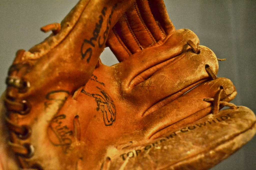 Close-up of a broken-in leather baseball glove